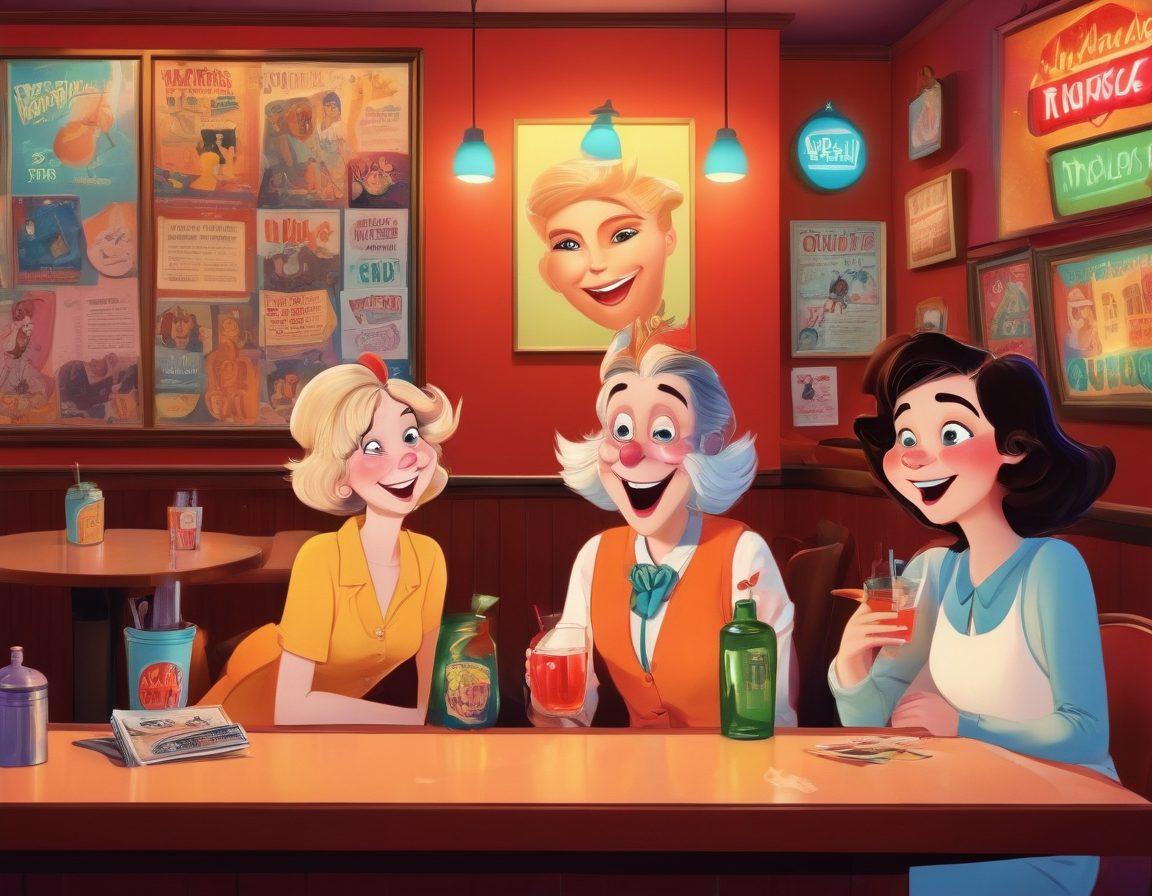 A whimsical and playful scene featuring animated characters engaging in light-hearted, mischievous activities that hint at adult humor. Include elements such as vibrant, teasing expressions and exaggerated gestures, set against a colorful backdrop of a comedy club with vintage movie posters. Ensure the atmosphere feels joyful and cheeky, inviting the viewer to laugh. vibrant colors. cartoon style. playful aesthetic.