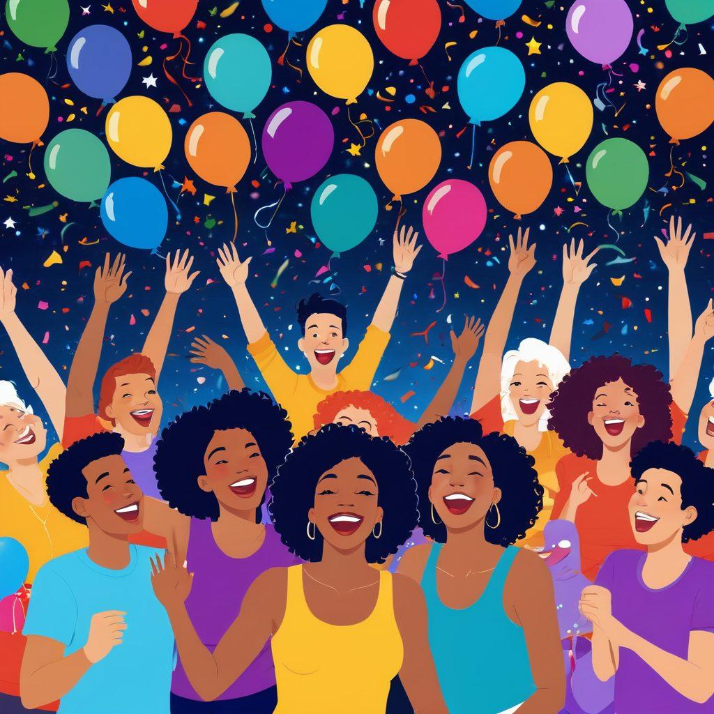 A whimsical, colorful illustration of a diverse group of people joyfully exploring various forms of adult entertainment, symbolizing freedom and happiness. Include elements like laughter, vibrant confetti, and playful, suggestive motifs that celebrate sensuality in a tasteful way. The background should feature a festive atmosphere with balloons and twinkling lights, emphasizing joy and positivity. cartoon style. vibrant colors. playful atmosphere.
